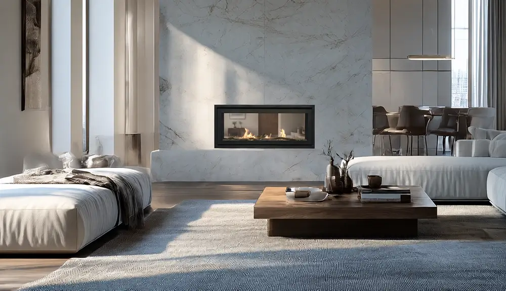 Savannah Bonaparte 48 see-through gas fireplace.