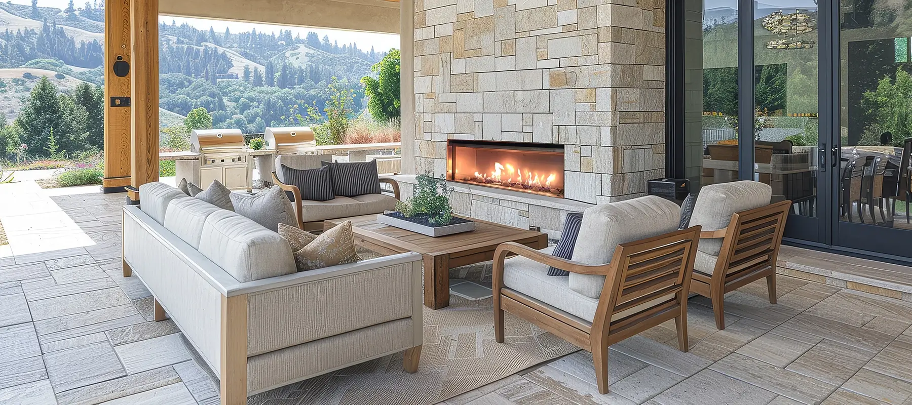 Savannah outdoor gas fireplace in a finished patio setting.