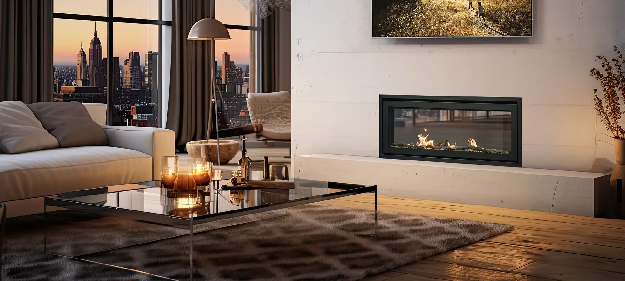 Savannah Bonaparte 48 see-through gas fireplace in a modern living room at sunset.