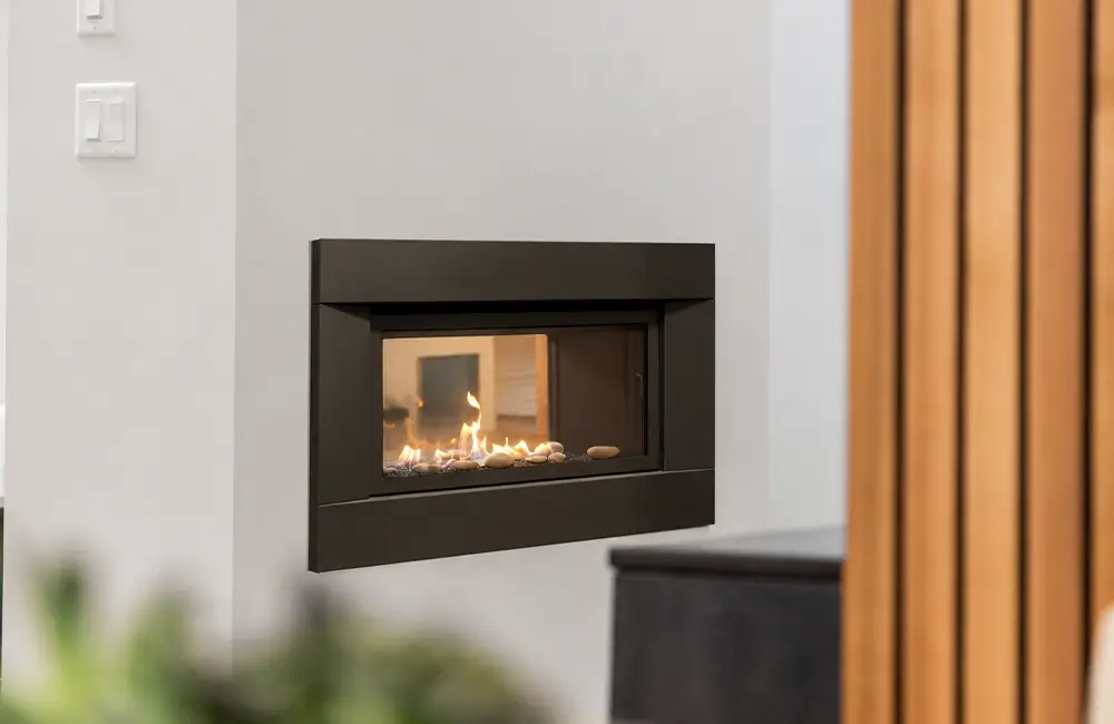Savannah see-through gas fireplace connecting two living spaces.