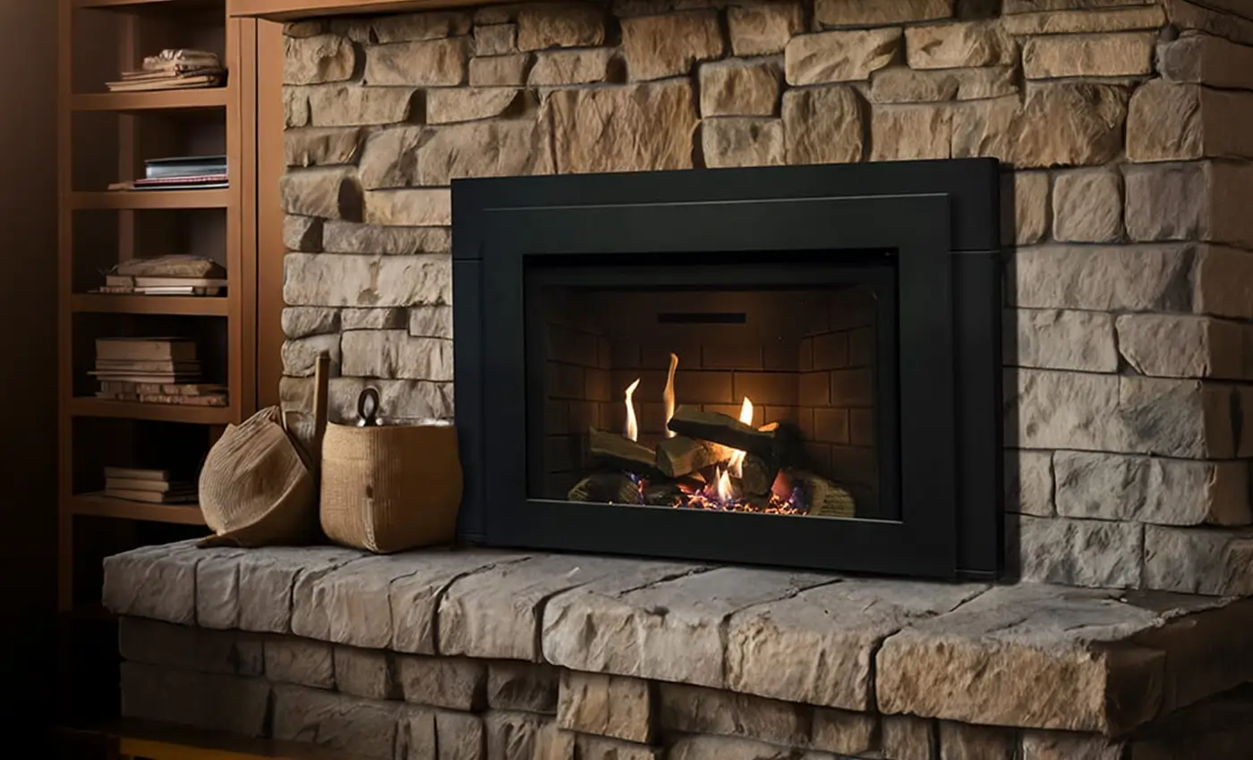 Savannah gas fireplace insert installed in an existing fireplace.